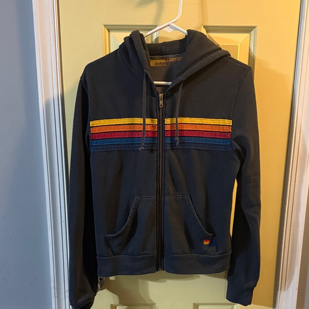 Aviator Nation Dark Navy Zip-Up with Colorful Stripes